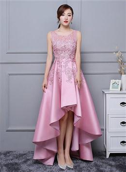 Picture of Pretty Pink High Low Satin and Lace Homecoming Dresses, Cute Short Prom Dresses